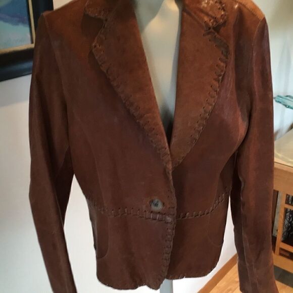 ANDREW MARC Whipstitch trim Rust Leather Blazer one button jacket Cognac Large - Picture 1 of 8